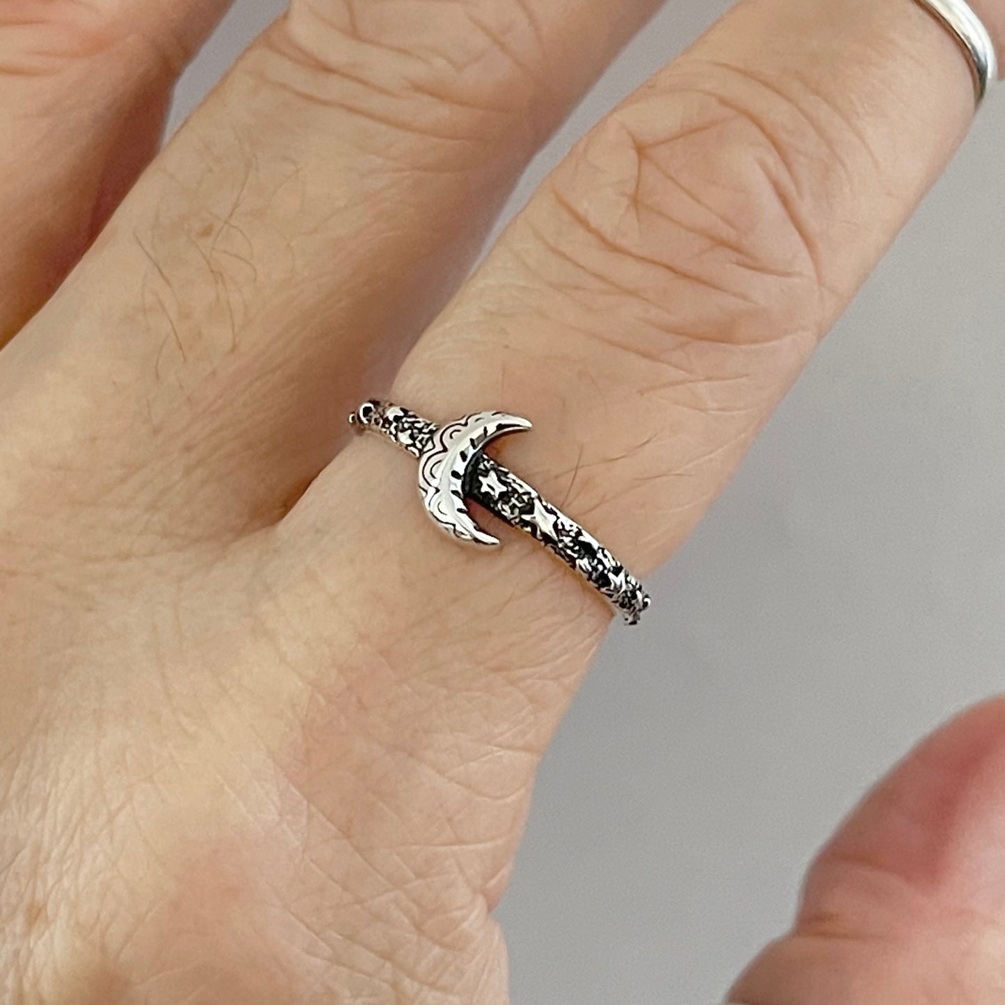 Sterling Silver Little Mandala Crescent Moon Ring with Eternity Star Band, Celestial Silver Rings