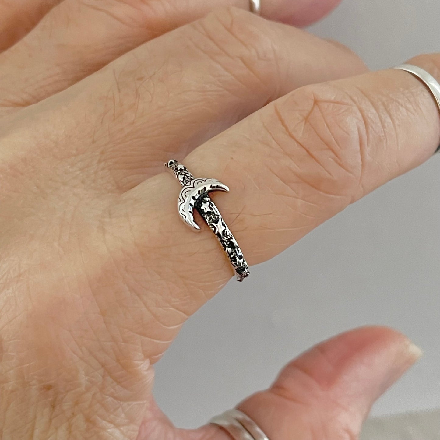 Sterling Silver Little Mandala Crescent Moon Ring with Eternity Star Band, Celestial Silver Rings