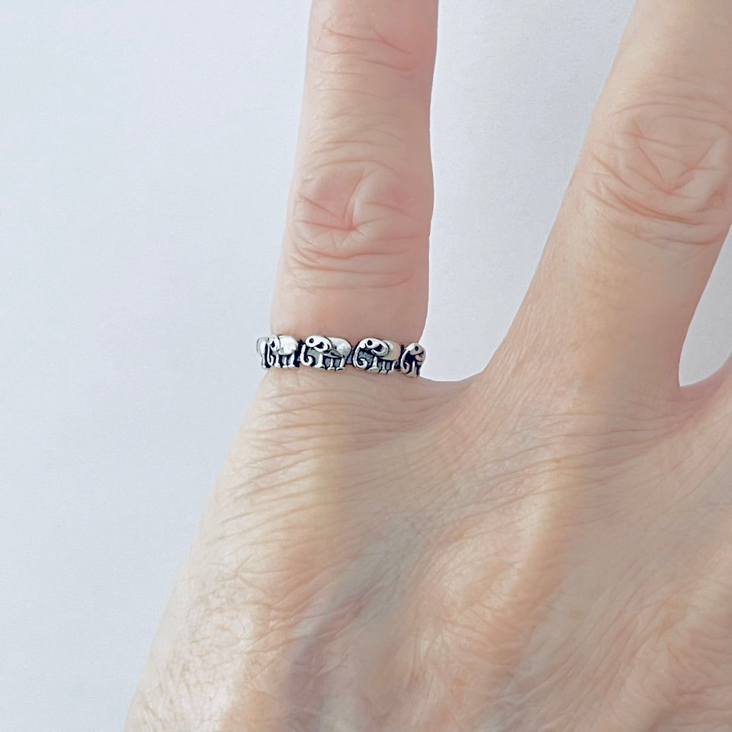 925 Sterling Silver Mini Elephants Band Ring | Good Luck Stackable Animal Silver Rings
