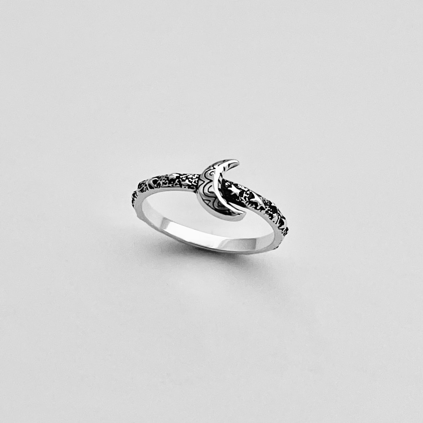 Sterling Silver Little Mandala Crescent Moon Ring with Eternity Star Band, Celestial Silver Rings