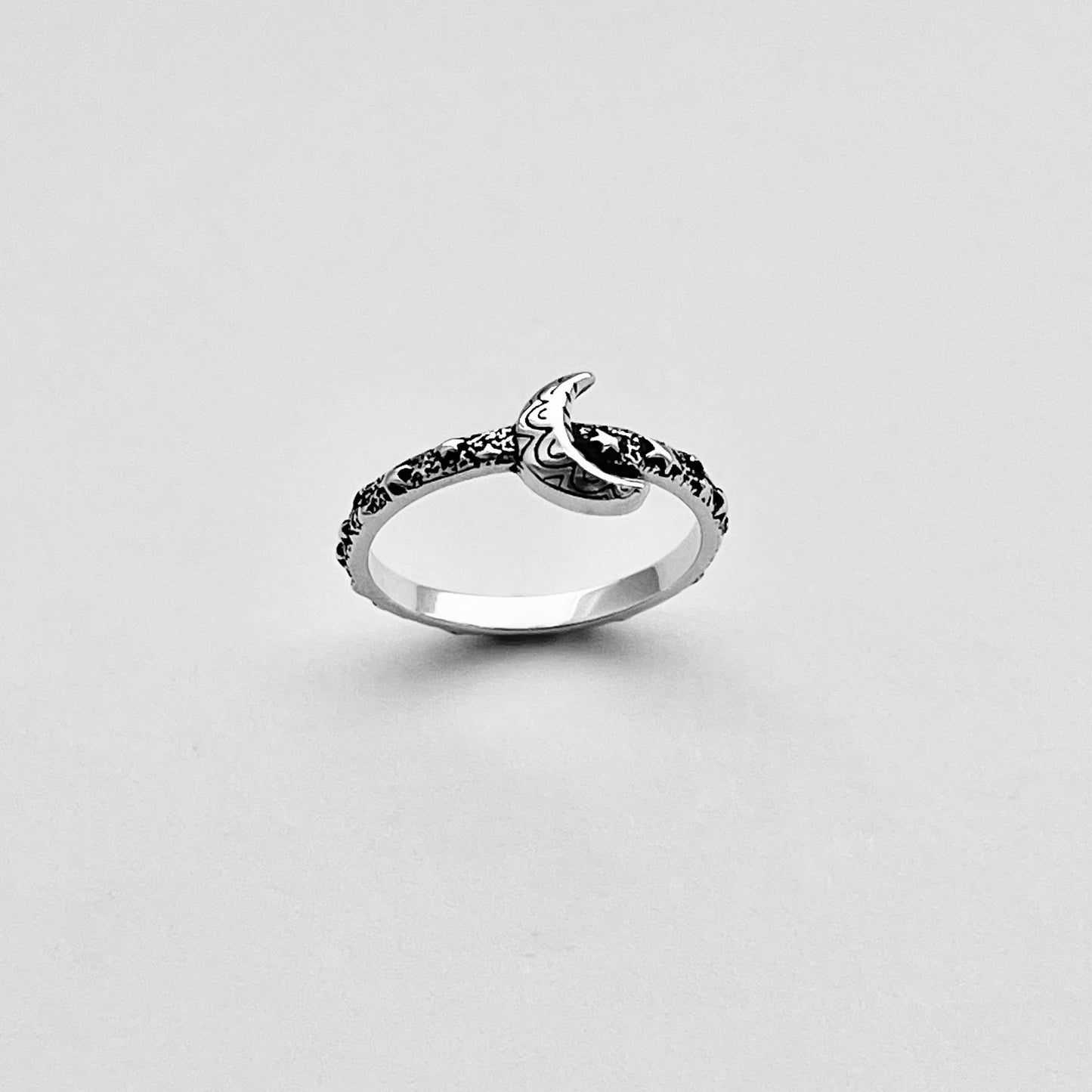 Sterling Silver Little Mandala Crescent Moon Ring with Eternity Star Band, Celestial Silver Rings