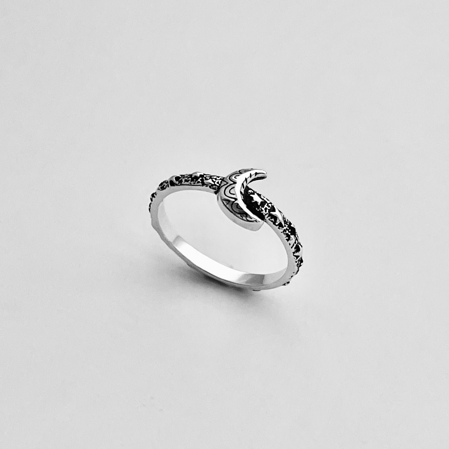 Sterling Silver Little Mandala Crescent Moon Ring with Eternity Star Band, Celestial Silver Rings