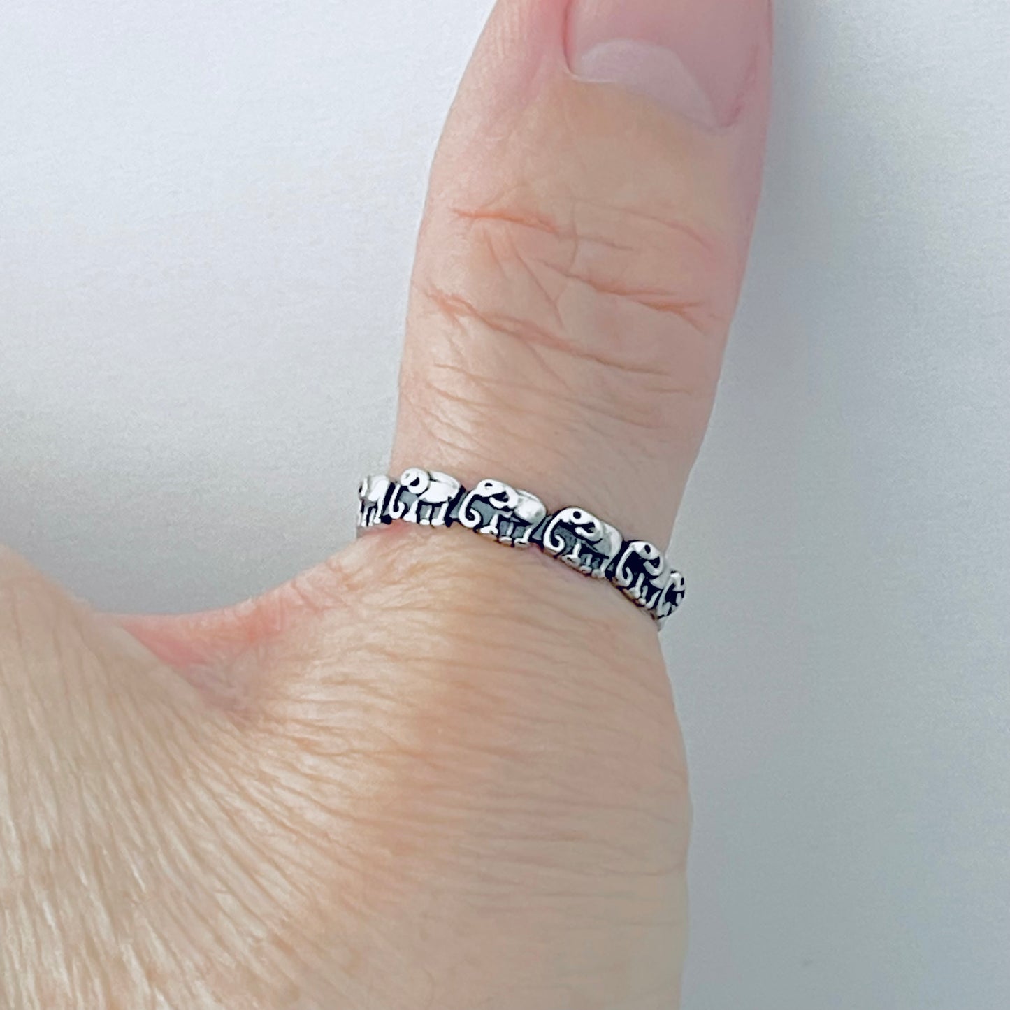925 Sterling Silver Mini Elephants Band Ring | Good Luck Stackable Animal Silver Rings