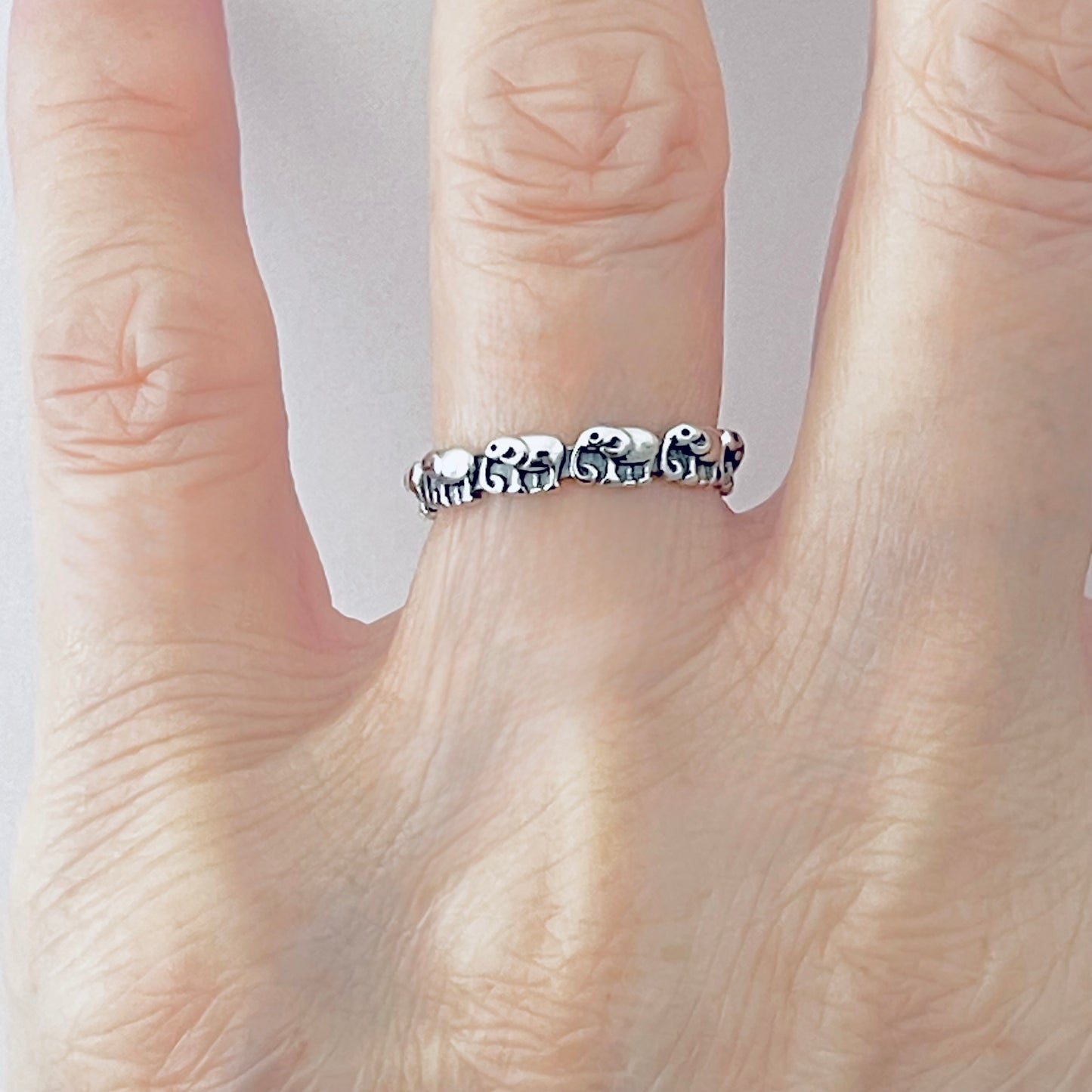 925 Sterling Silver Mini Elephants Band Ring | Good Luck Stackable Animal Silver Rings