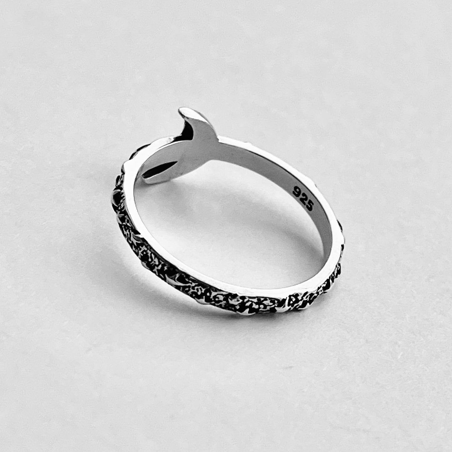 Sterling Silver Little Mandala Crescent Moon Ring with Eternity Star Band, Celestial Silver Rings