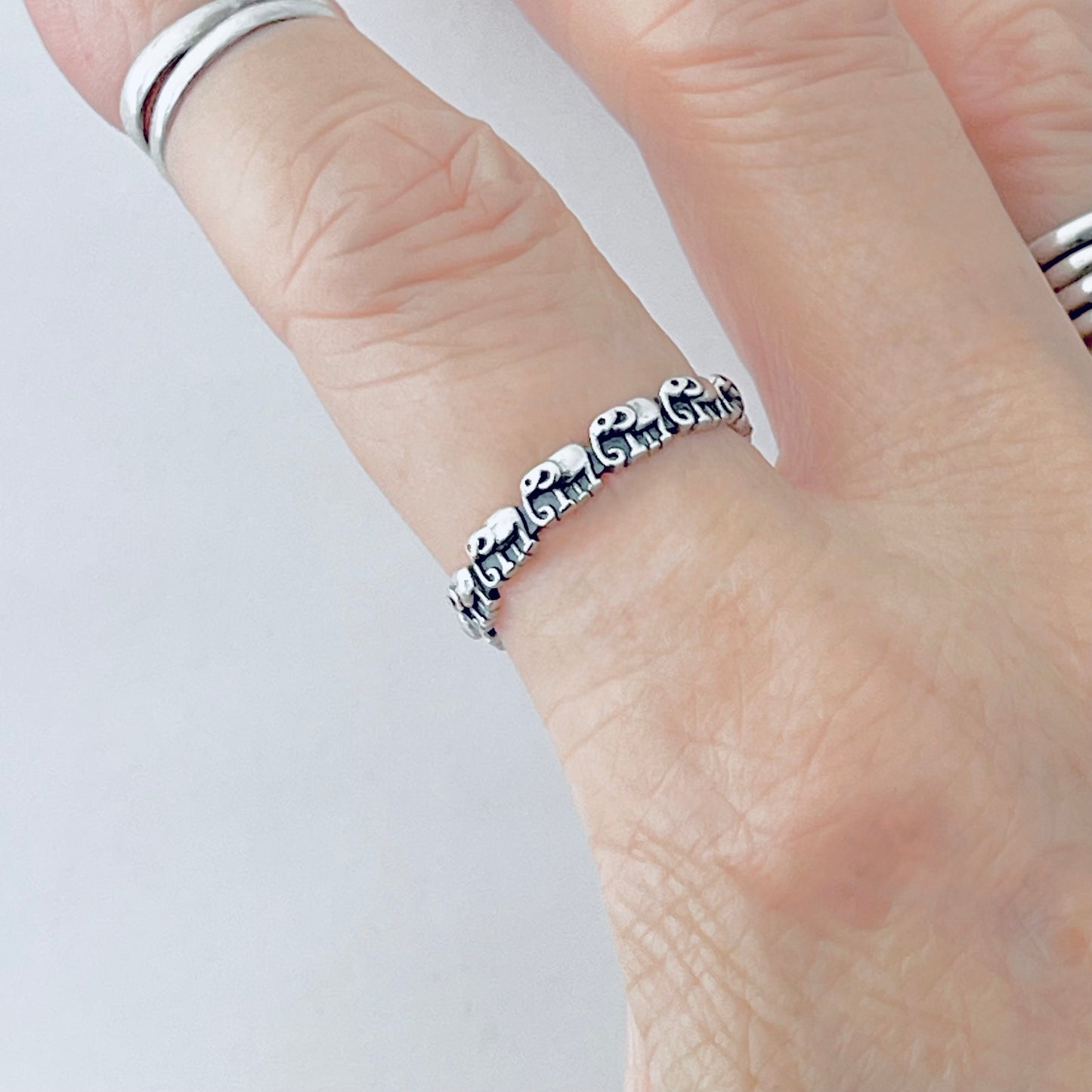 925 Sterling Silver Mini Elephants Band Ring | Good Luck Stackable Animal Silver Rings