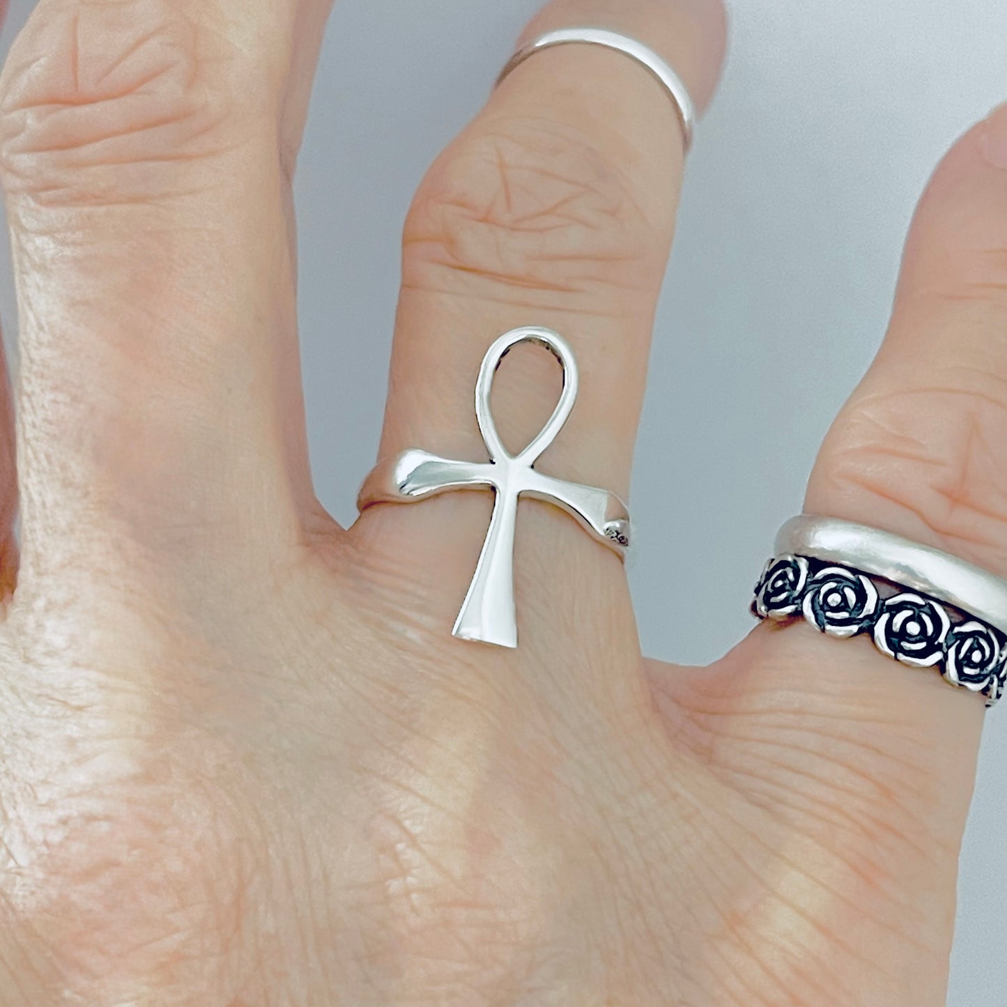Sterling Silver Delicate Large Ankh Ring | Key of Life Statement Cross Silver Rings