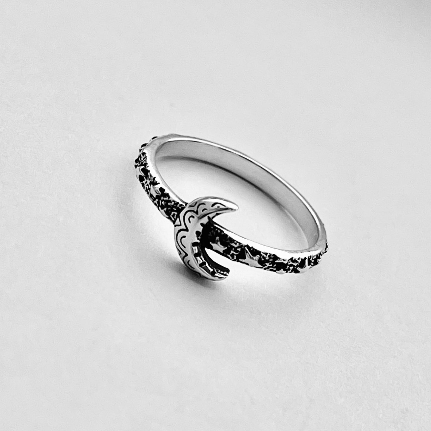 Sterling Silver Little Mandala Crescent Moon Ring with Eternity Star Band, Celestial Silver Rings