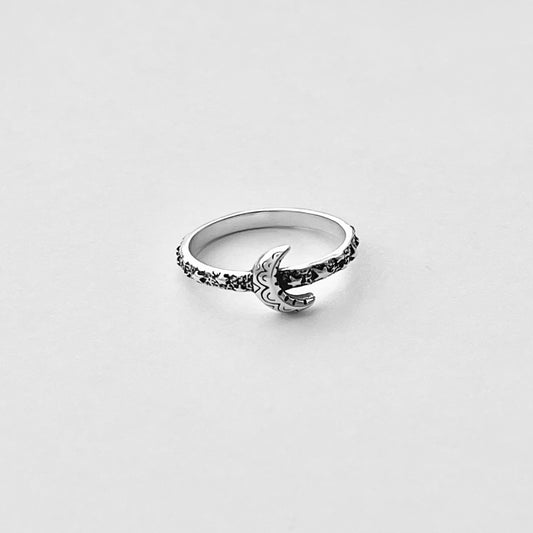 Sterling Silver Little Mandala Crescent Moon Ring with Eternity Star Band, Celestial Silver Rings