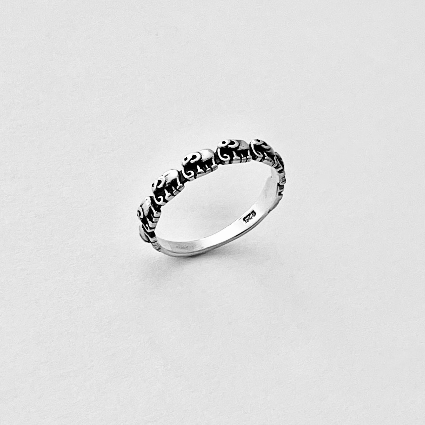 925 Sterling Silver Mini Elephants Band Ring | Good Luck Stackable Animal Silver Rings