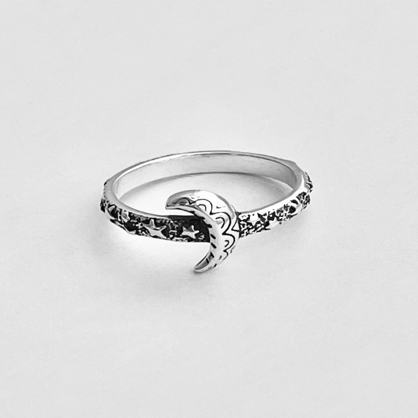 Sterling Silver Little Mandala Crescent Moon Ring with Eternity Star Band, Celestial Silver Rings