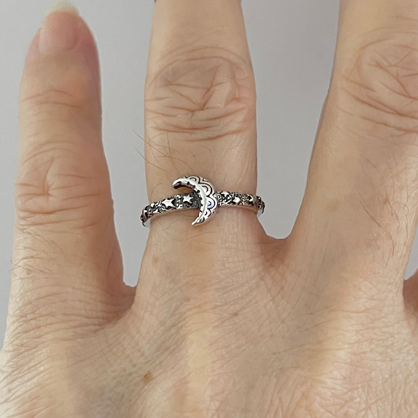 Sterling Silver Little Mandala Crescent Moon Ring with Eternity Star Band, Celestial Silver Rings