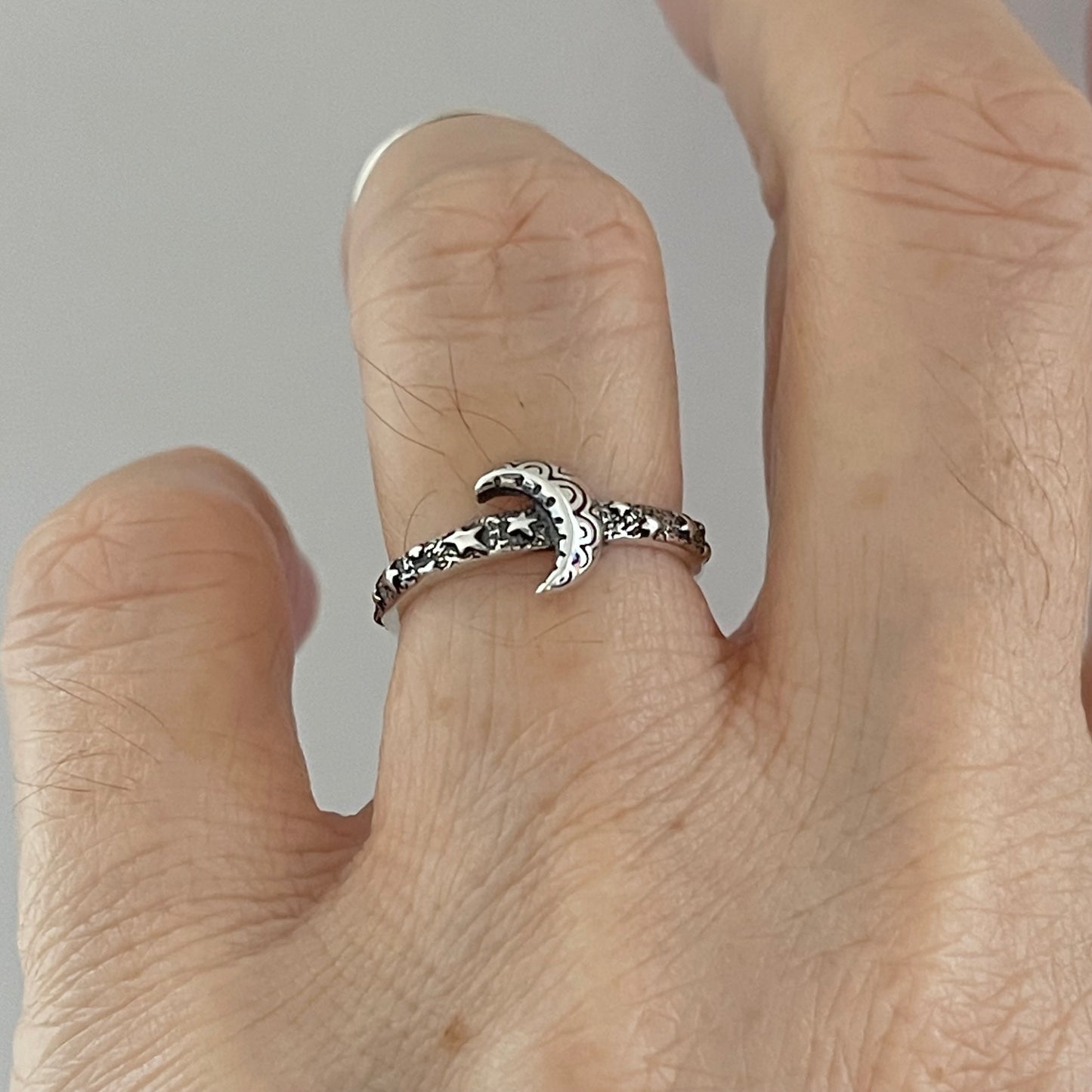 Sterling Silver Little Mandala Crescent Moon Ring with Eternity Star Band, Celestial Silver Rings