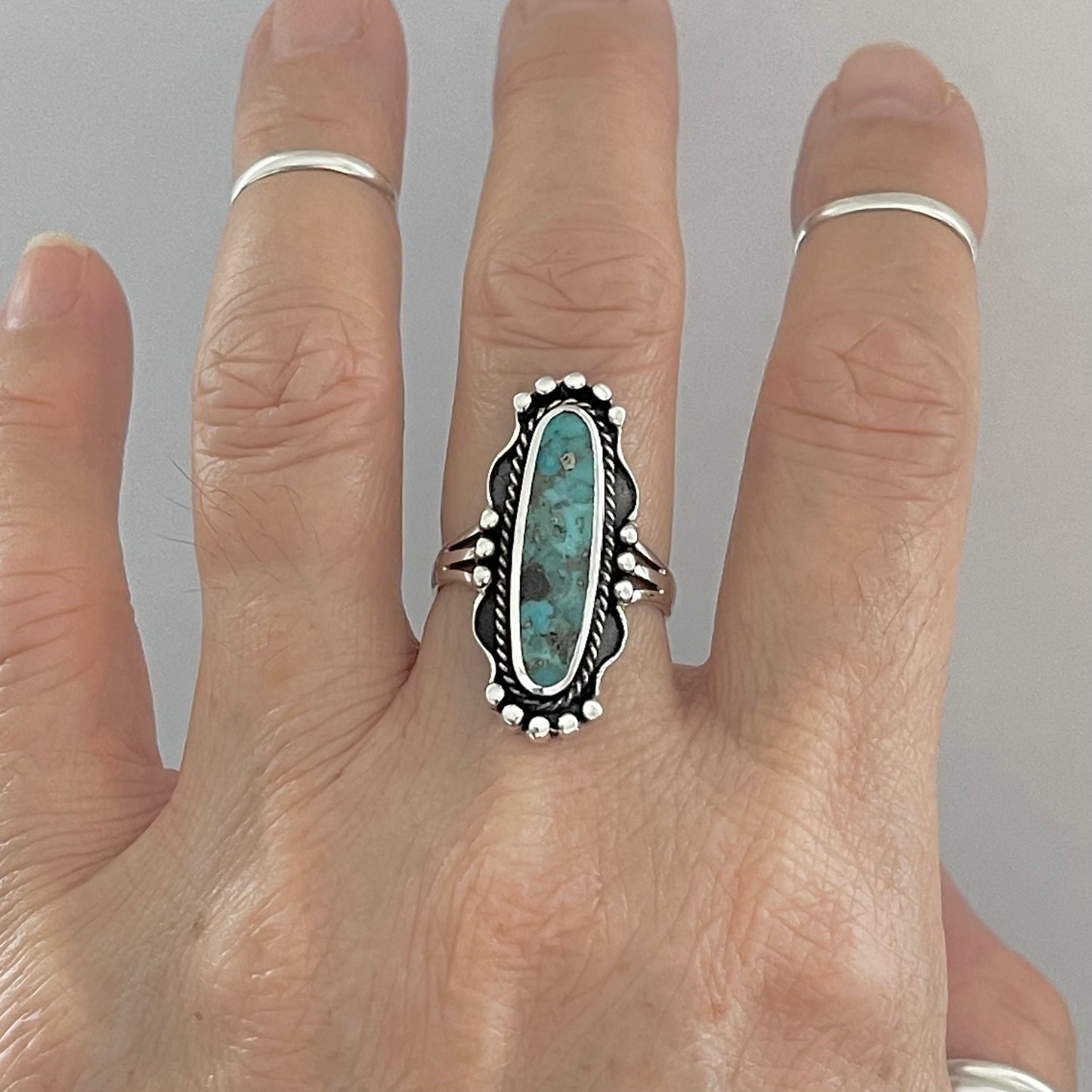 Sterling Silver Long Oval Genuine Turquoise Ring, Statement Silver Rings, Stone Ring