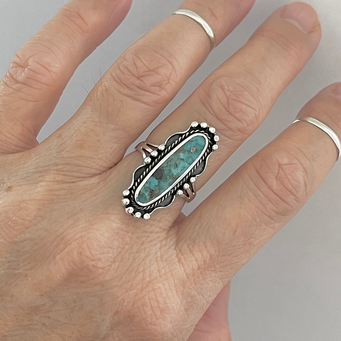 Sterling Silver Long Oval Genuine Turquoise Ring, Statement Silver Rings, Stone Ring