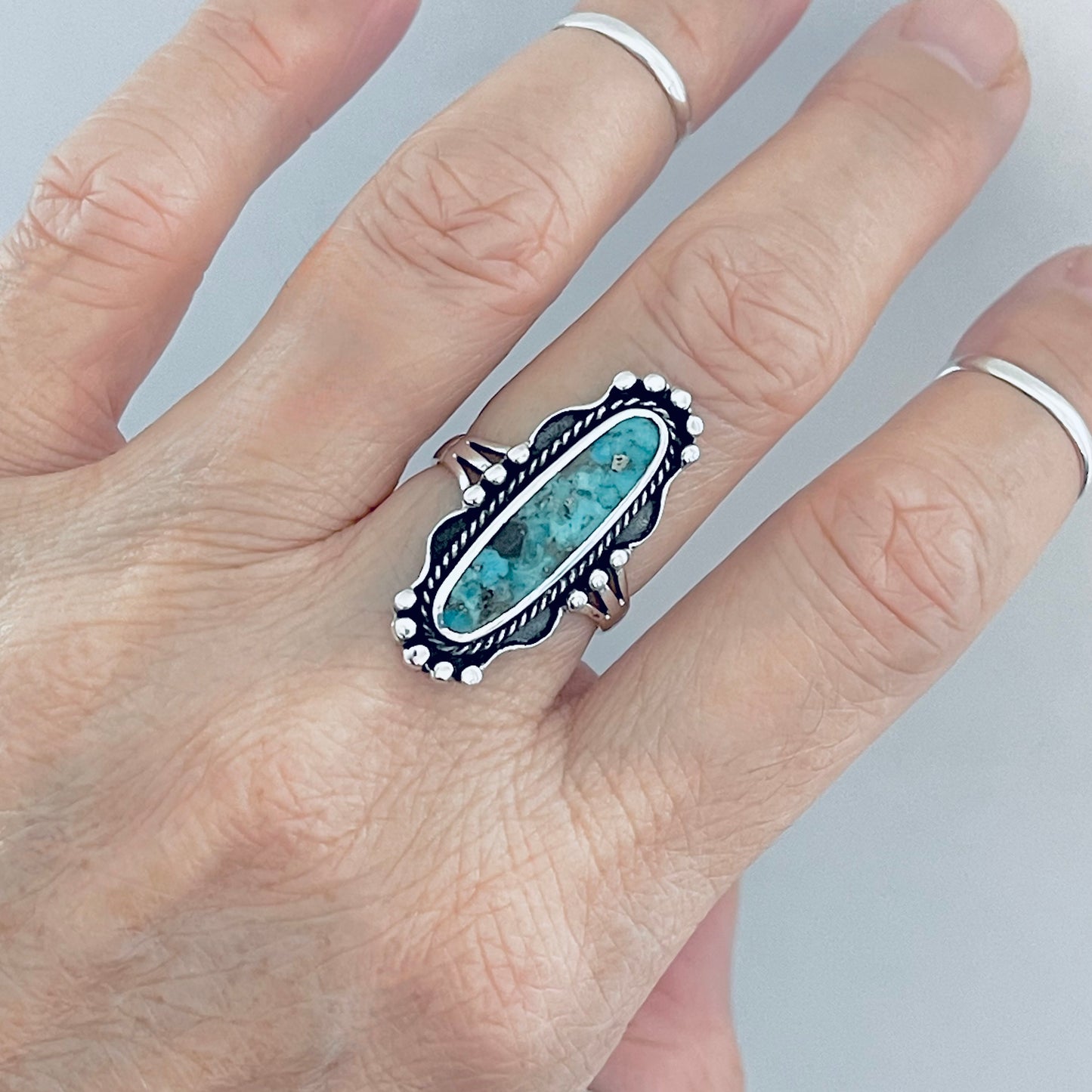 Sterling Silver Long Oval Genuine Turquoise Ring, Statement Stone Rings