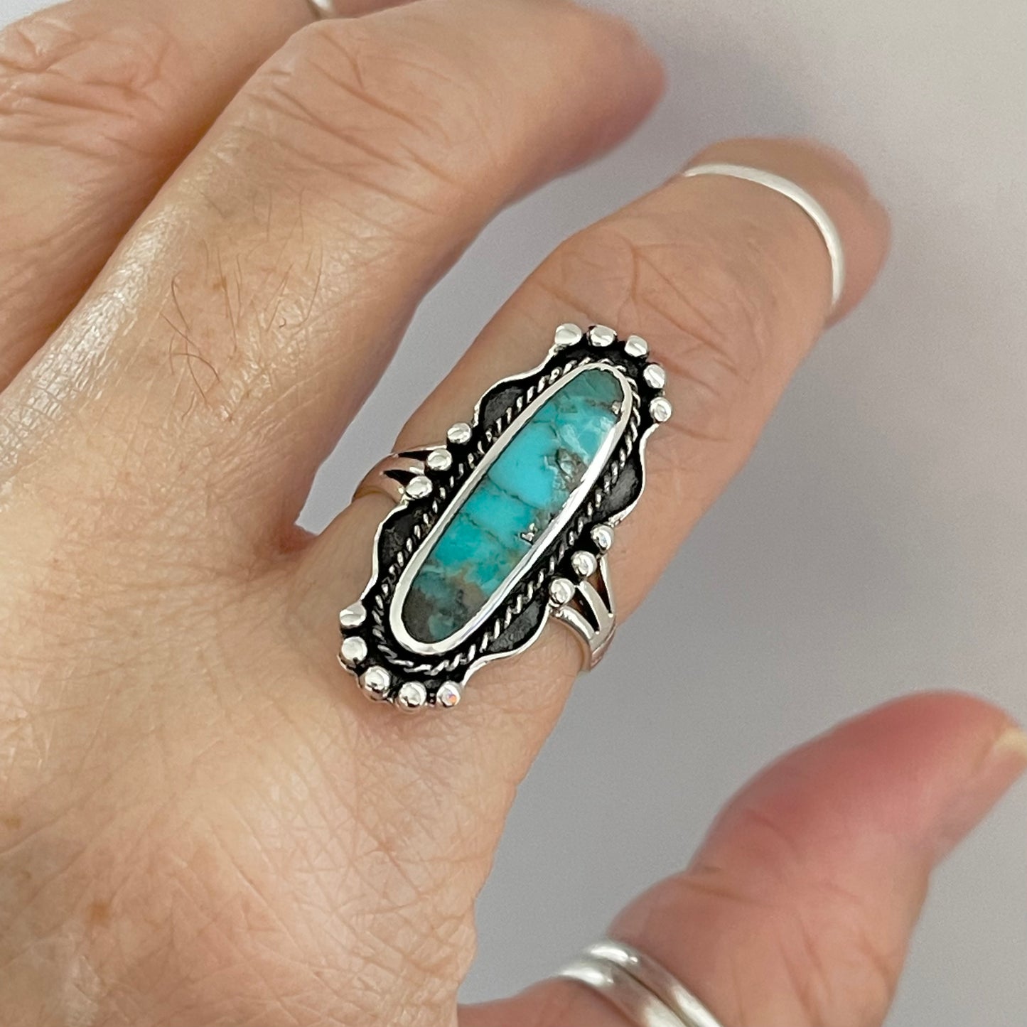 Sterling Silver Long Oval Genuine Turquoise Ring, Statement Silver Rings, Stone Ring