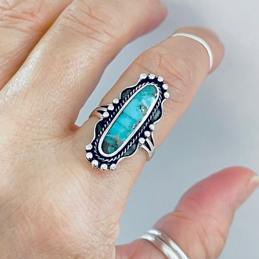 Sterling Silver Long Oval Genuine Turquoise Ring, Statement Stone Rings