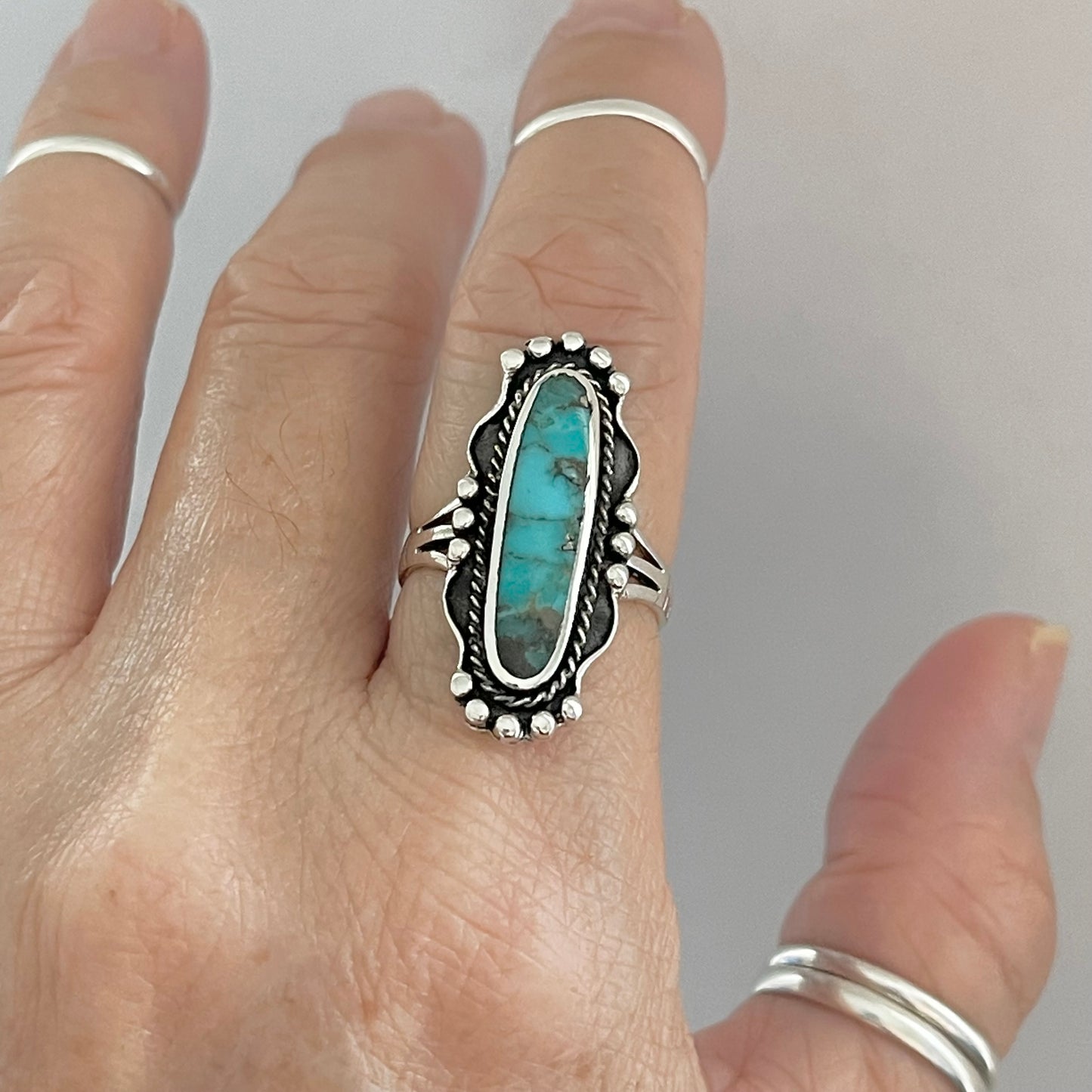 Sterling Silver Long Oval Genuine Turquoise Ring, Statement Silver Rings, Stone Ring