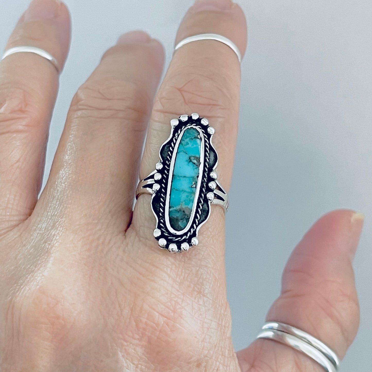 Sterling Silver Long Oval Genuine Turquoise Ring, Statement Stone Rings