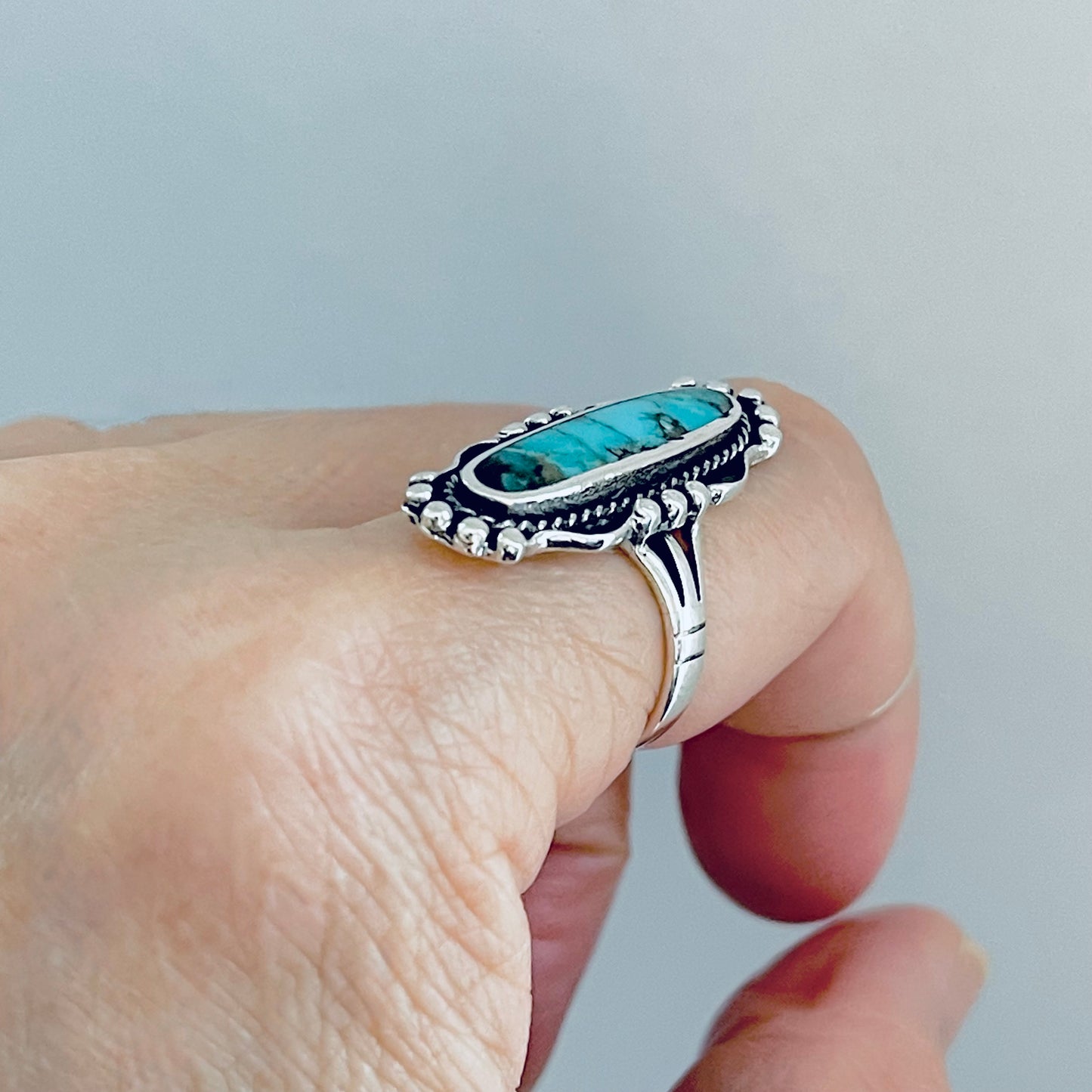 Sterling Silver Long Oval Genuine Turquoise Ring, Statement Stone Rings