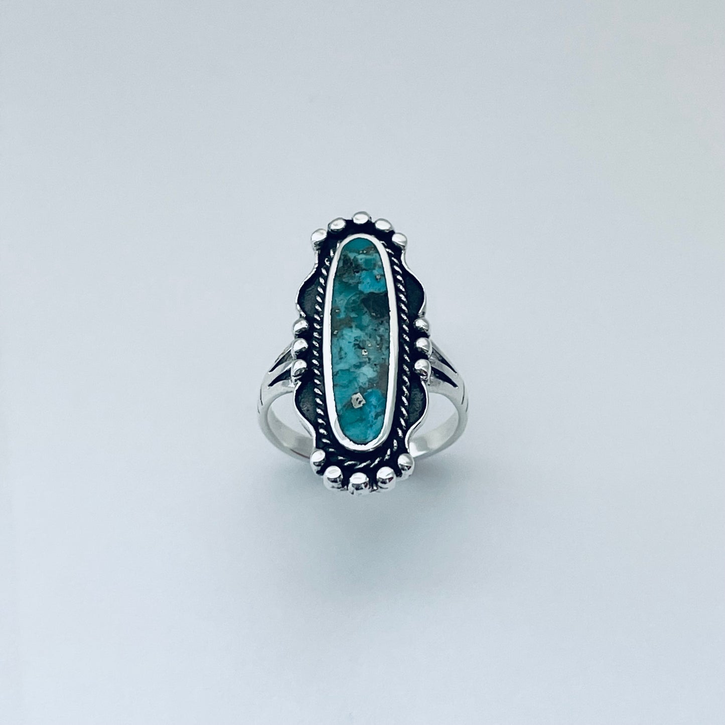 Sterling Silver Long Oval Genuine Turquoise Ring, Statement Silver Rings, Stone Ring