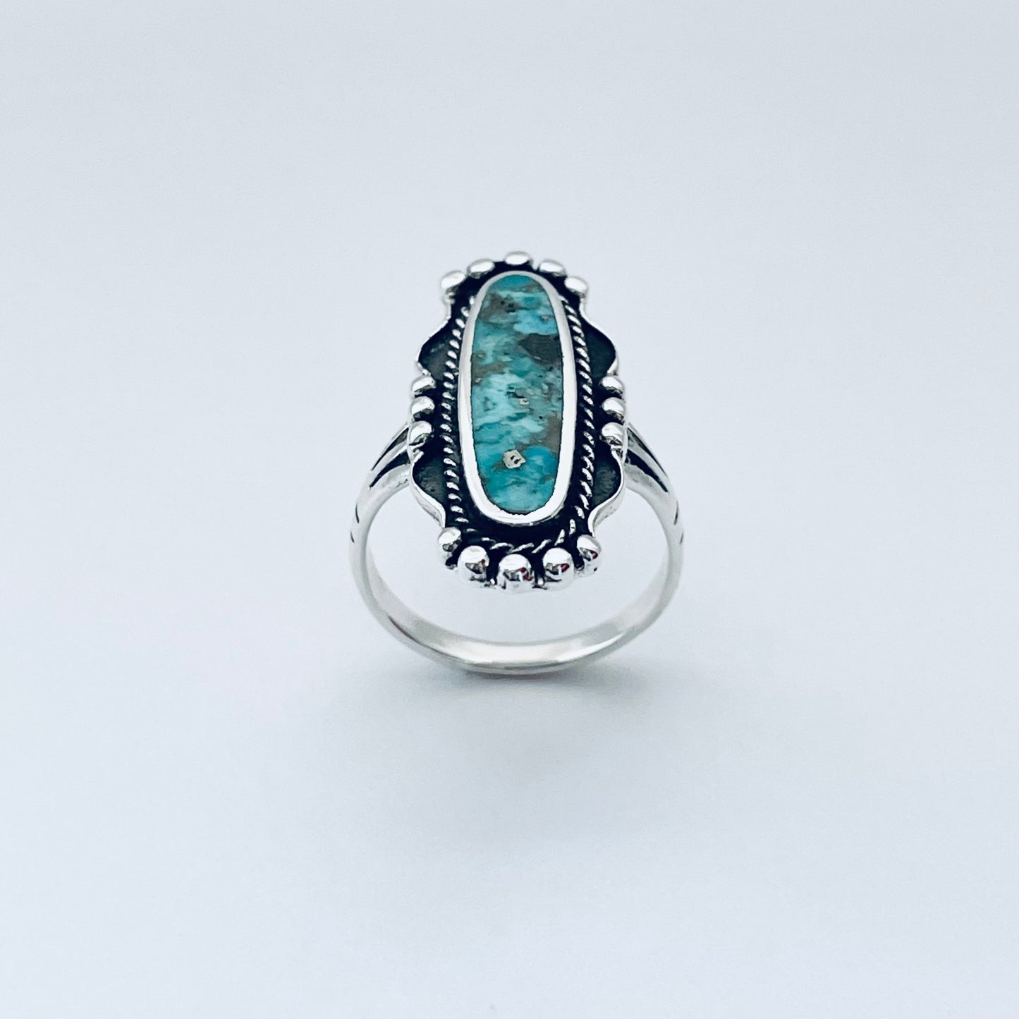 Sterling Silver Long Oval Genuine Turquoise Ring, Statement Stone Rings