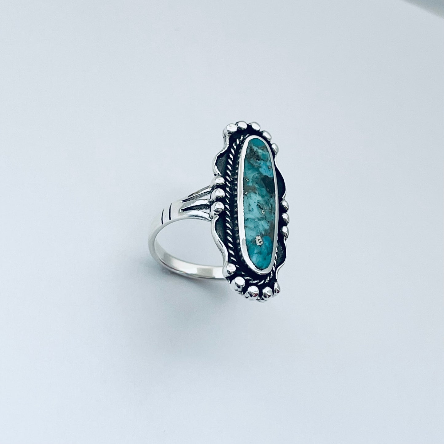 Sterling Silver Long Oval Genuine Turquoise Ring, Statement Silver Rings, Stone Ring