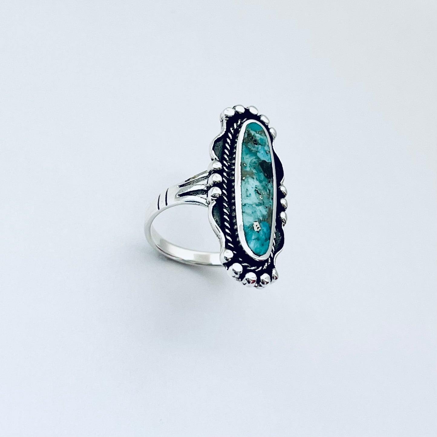 Sterling Silver Long Oval Genuine Turquoise Ring, Statement Stone Rings