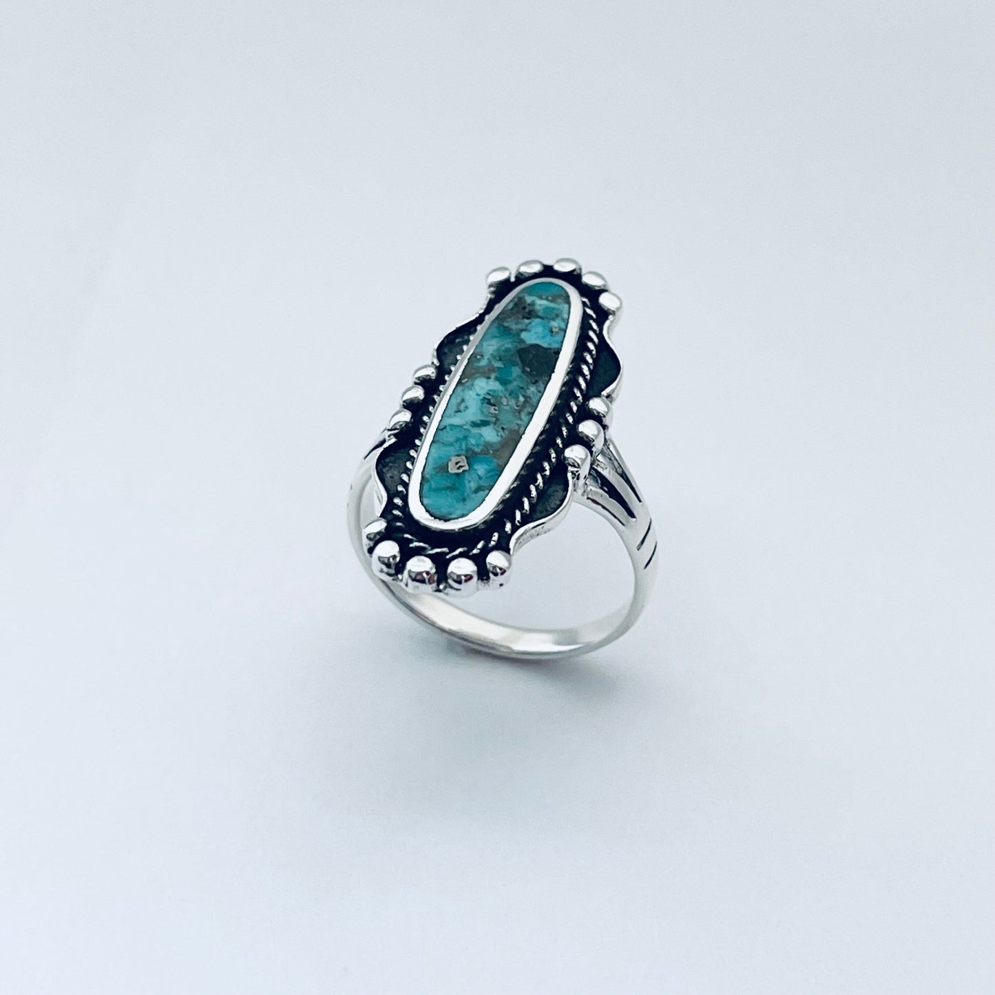 Sterling Silver Long Oval Genuine Turquoise Ring, Statement Silver Rings, Stone Ring