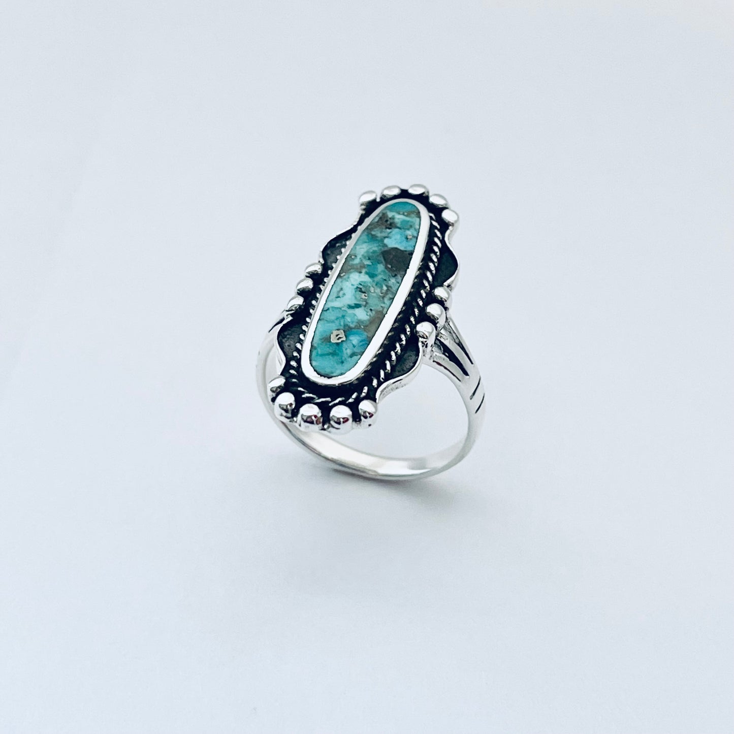 Sterling Silver Long Oval Genuine Turquoise Ring, Statement Stone Rings