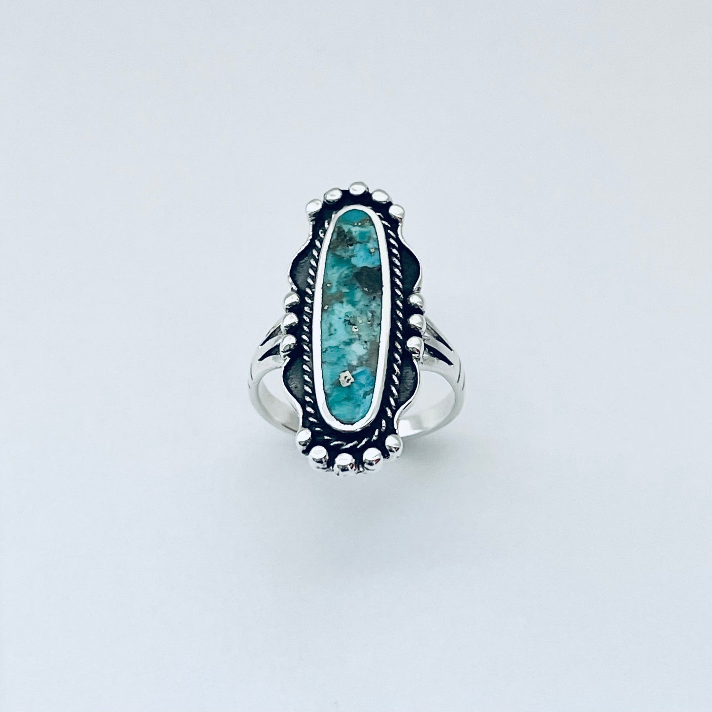 Sterling Silver Long Oval Genuine Turquoise Ring, Statement Stone Rings