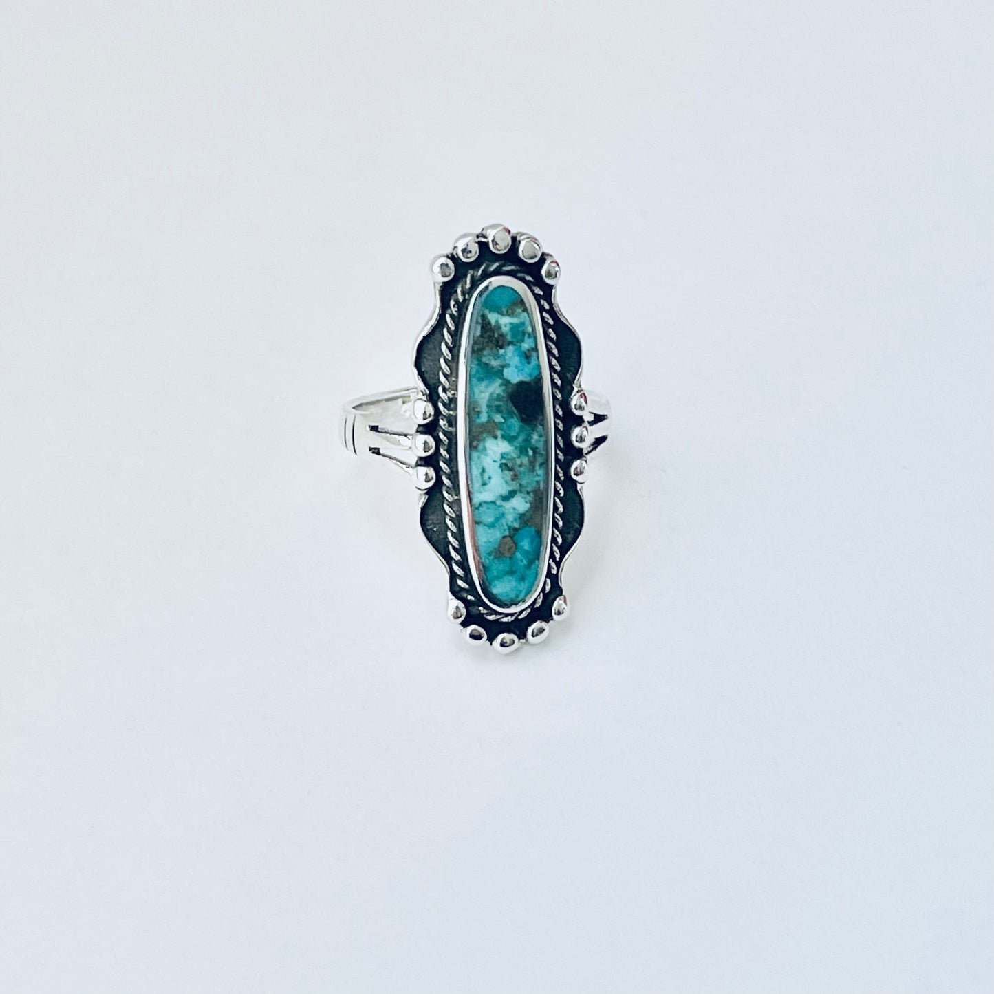 Sterling Silver Long Oval Genuine Turquoise Ring, Statement Stone Rings