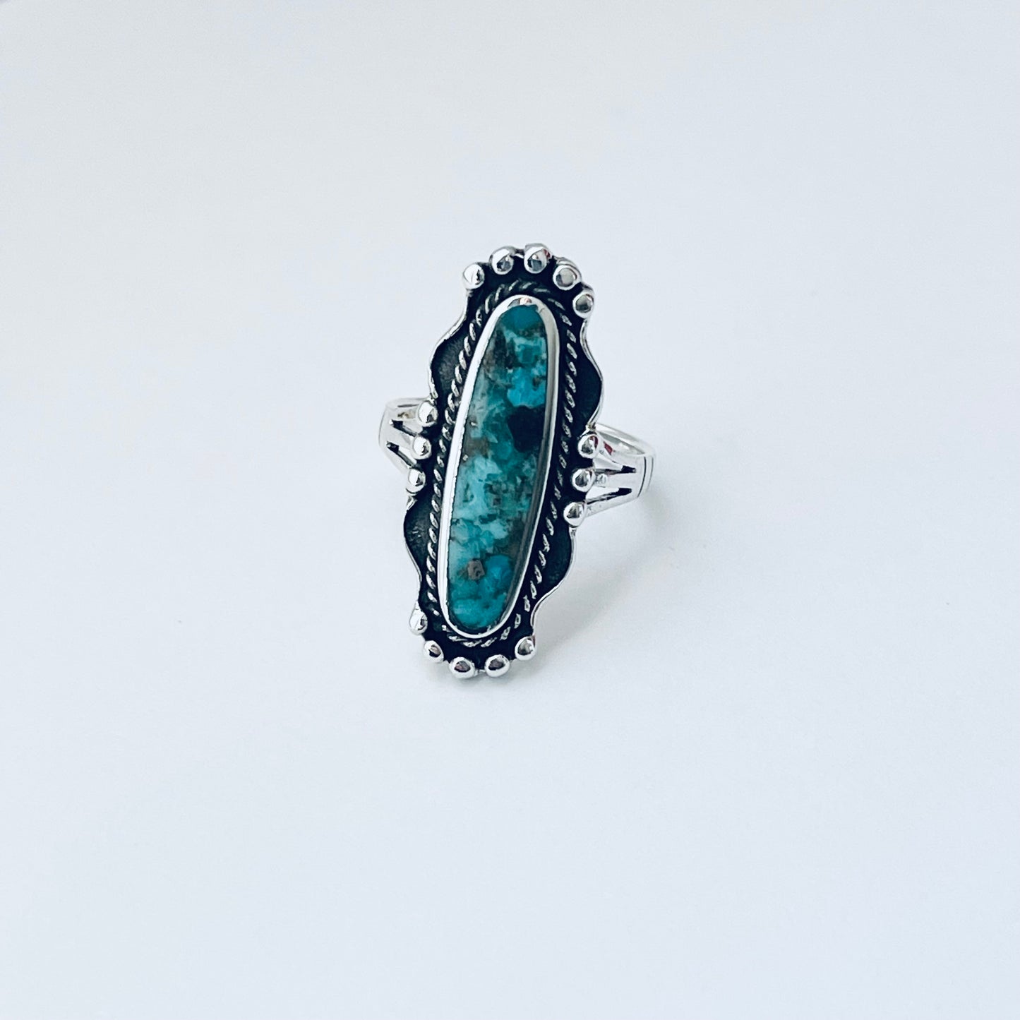 Sterling Silver Long Oval Genuine Turquoise Ring, Statement Silver Rings, Stone Ring