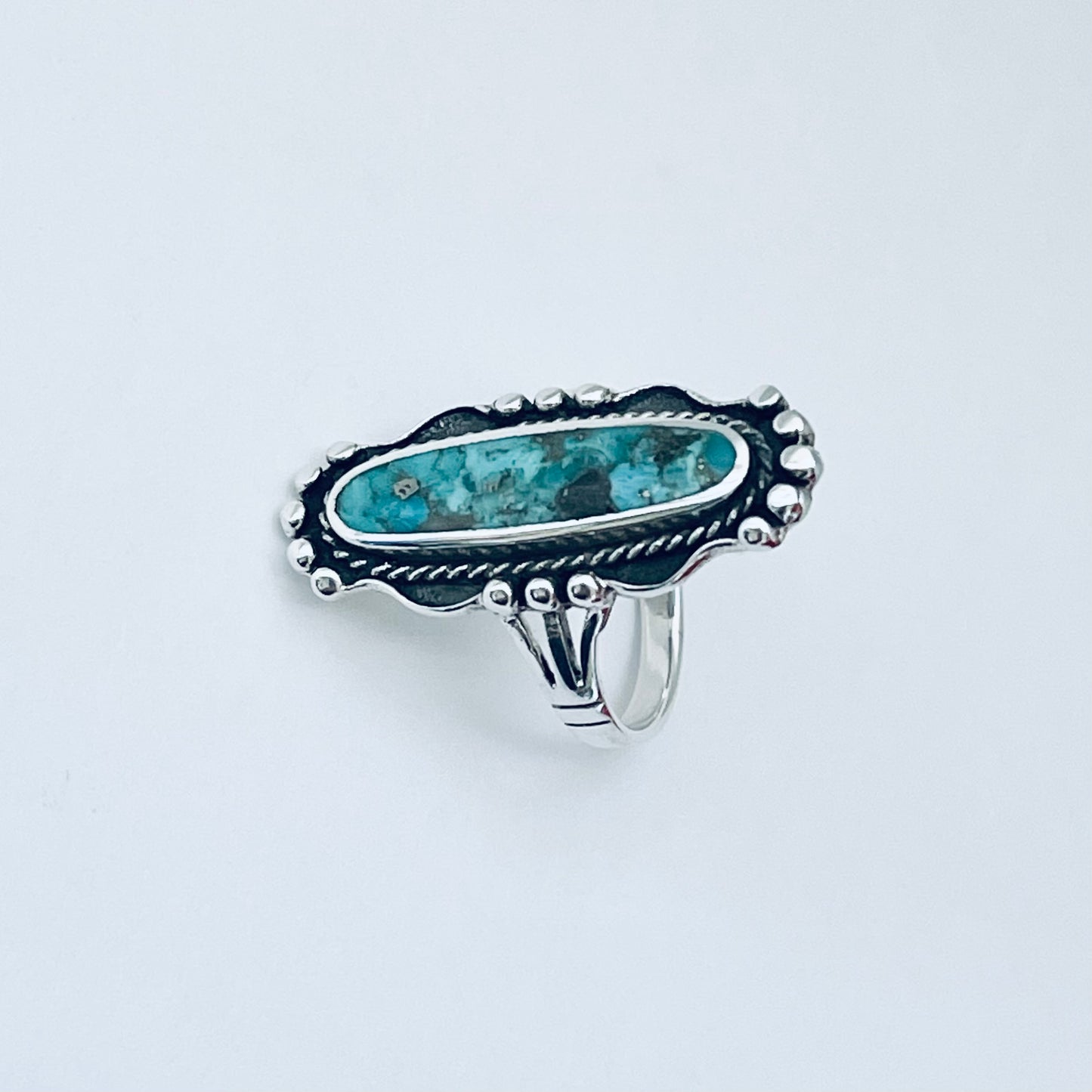 Sterling Silver Long Oval Genuine Turquoise Ring, Statement Silver Rings, Stone Ring