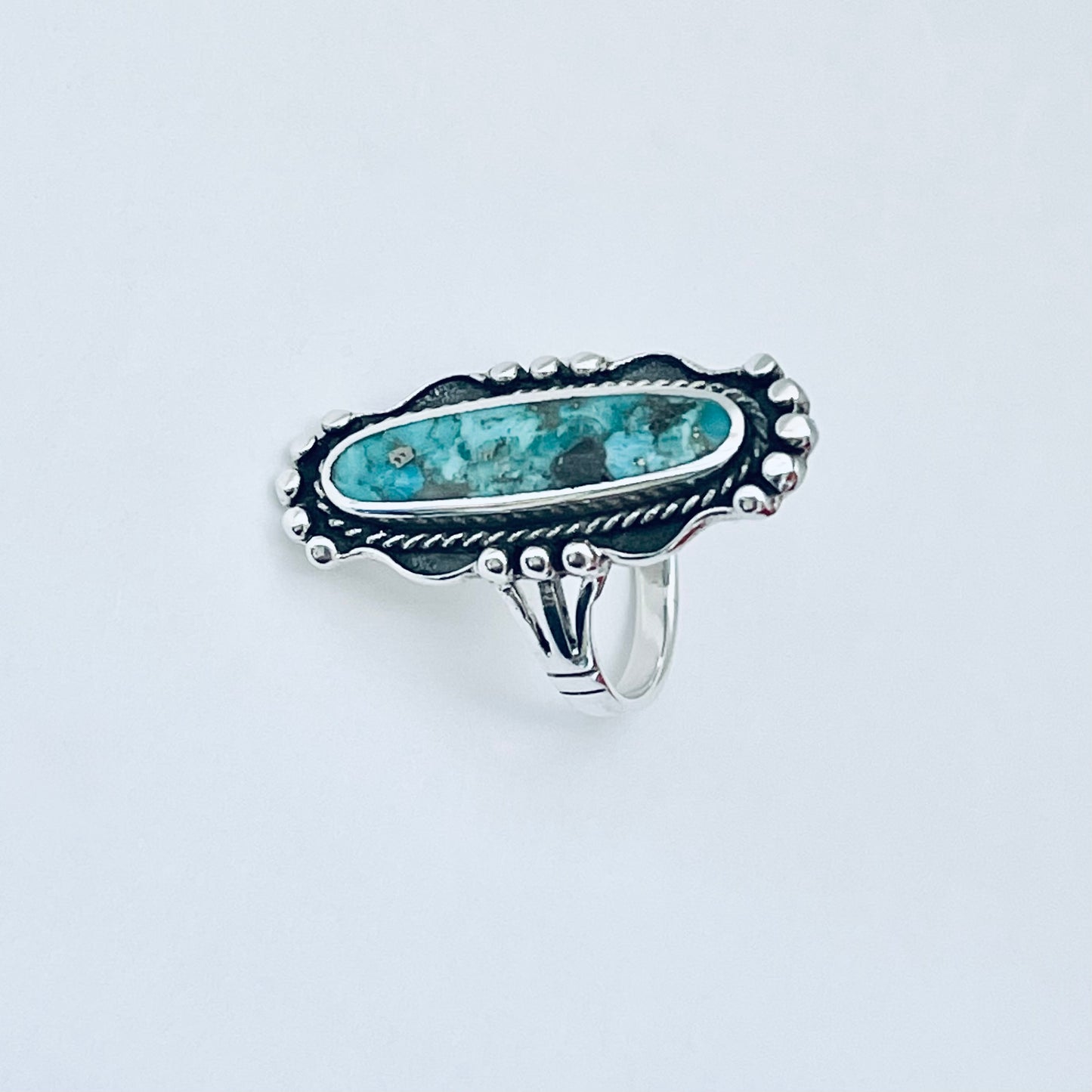 Sterling Silver Long Oval Genuine Turquoise Ring, Statement Stone Rings