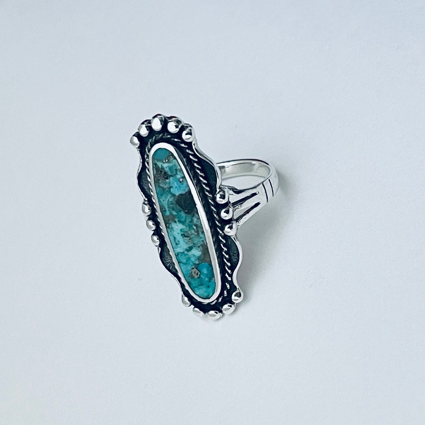 Sterling Silver Long Oval Genuine Turquoise Ring, Statement Silver Rings, Stone Ring