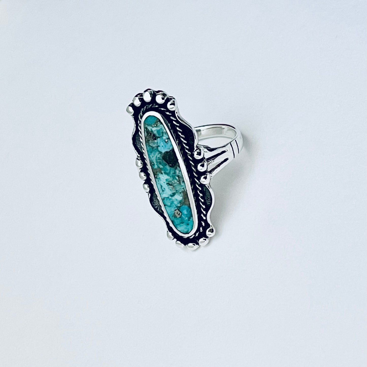 Sterling Silver Long Oval Genuine Turquoise Ring, Statement Stone Rings