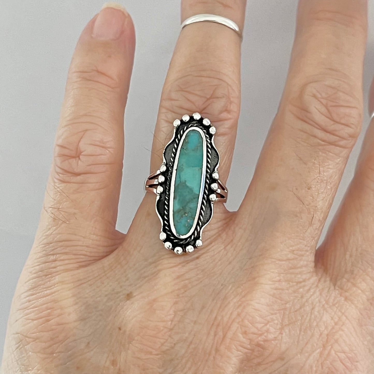 Sterling Silver Long Oval Genuine Turquoise Ring, Statement Silver Rings, Stone Ring