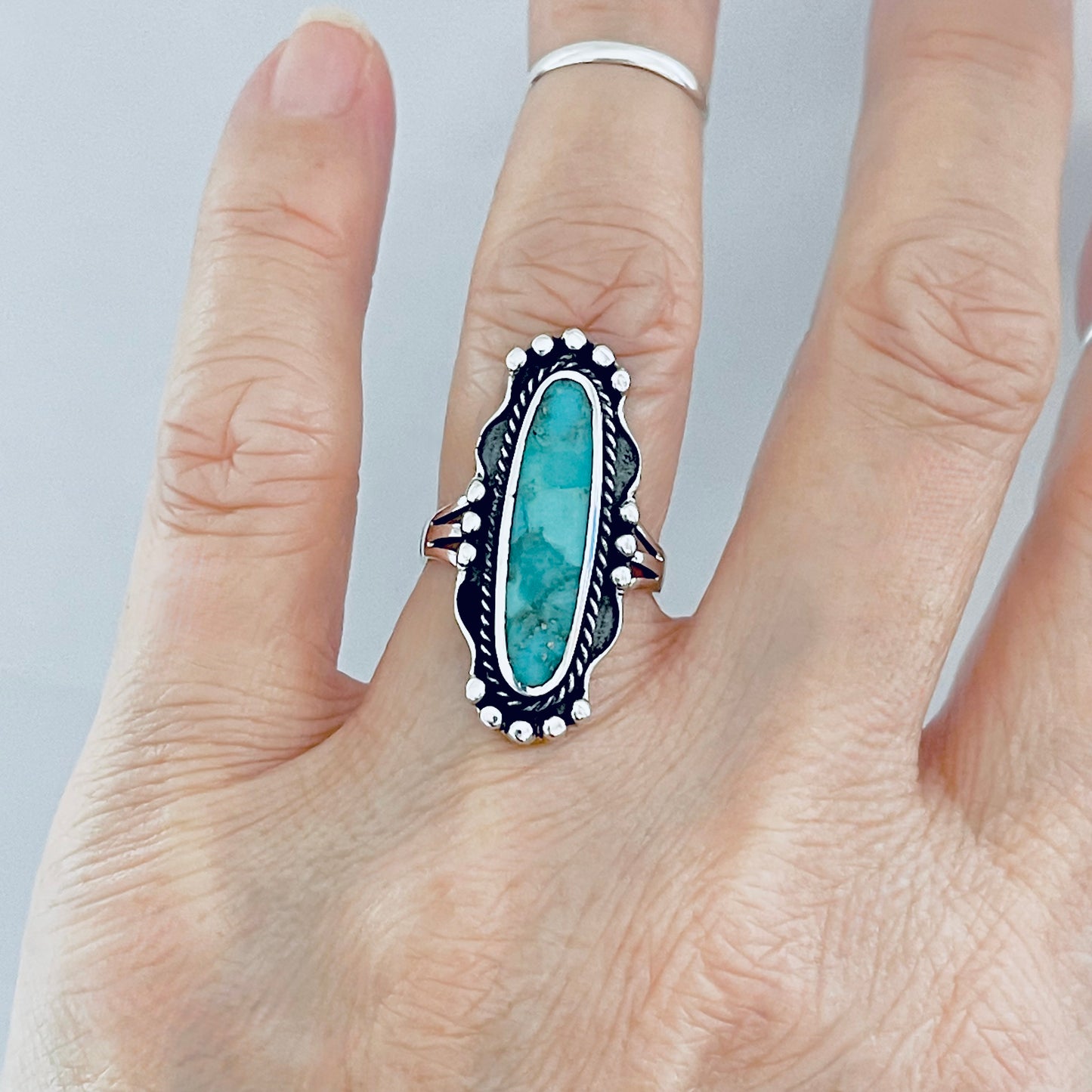Sterling Silver Long Oval Genuine Turquoise Ring, Statement Stone Rings