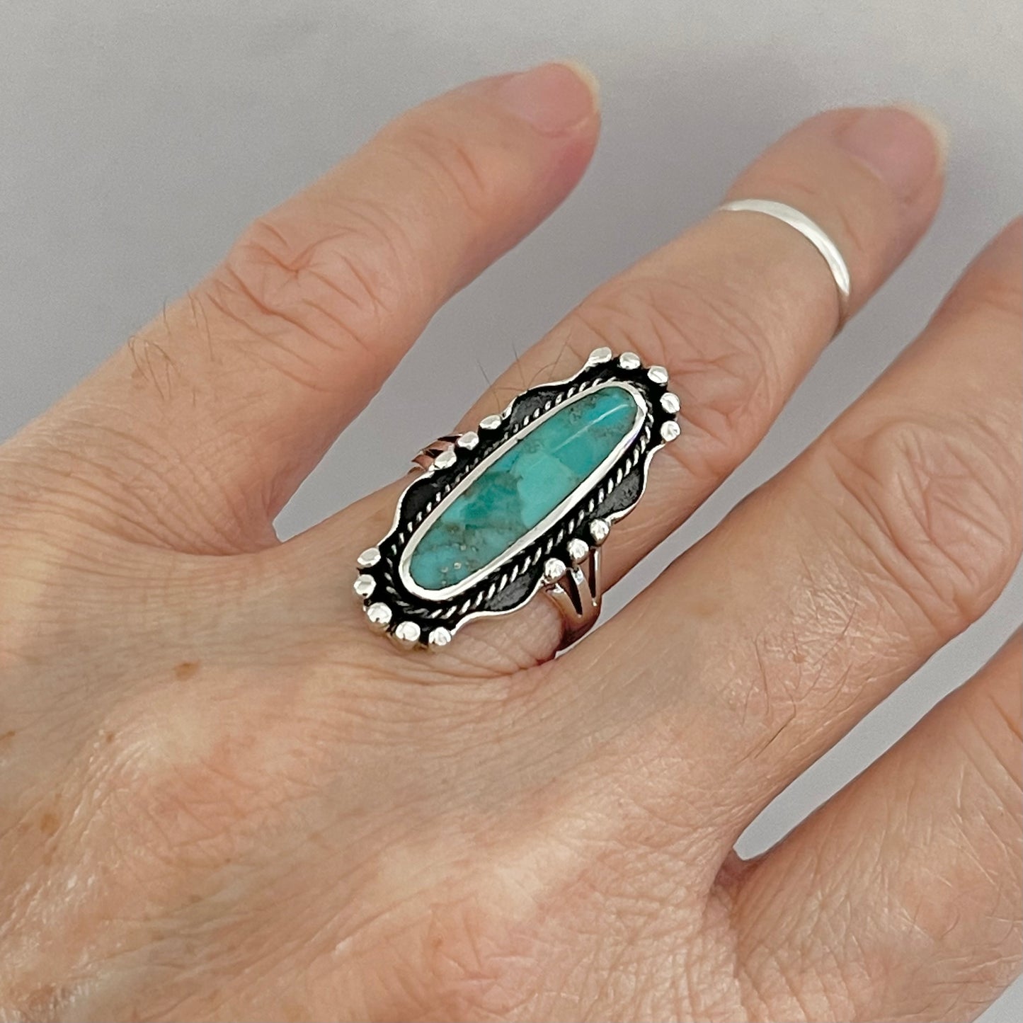 Sterling Silver Long Oval Genuine Turquoise Ring, Statement Silver Rings, Stone Ring