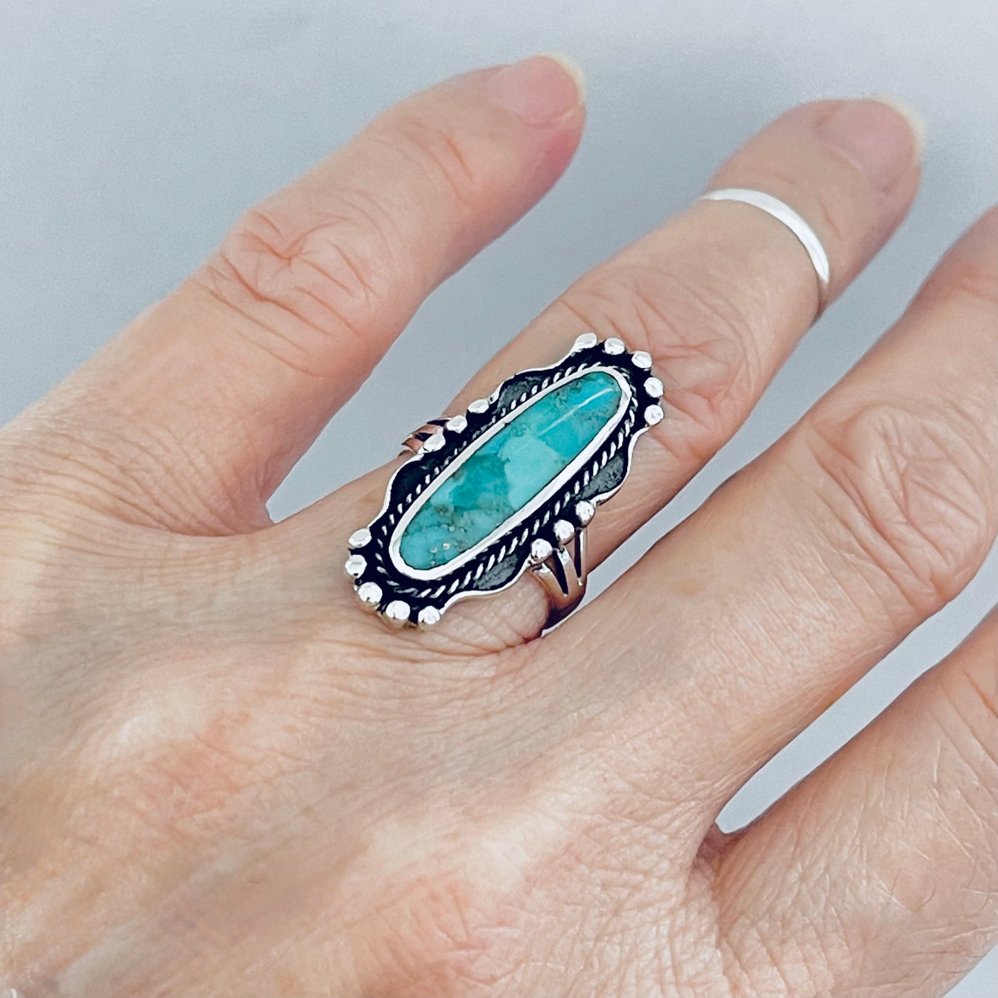 Sterling Silver Long Oval Genuine Turquoise Ring, Statement Stone Rings