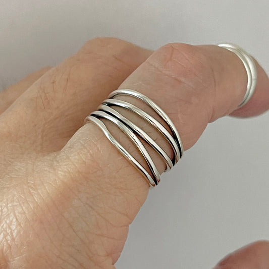 Sterling Silver Multiple Bands Wraparound Ring, Statement Silver Rings