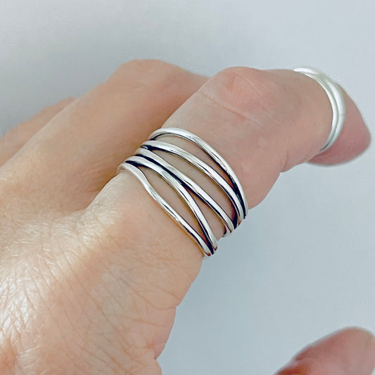 Sterling Silver Multiple Bands Wraparound Ring, Statement Boho Jewelry