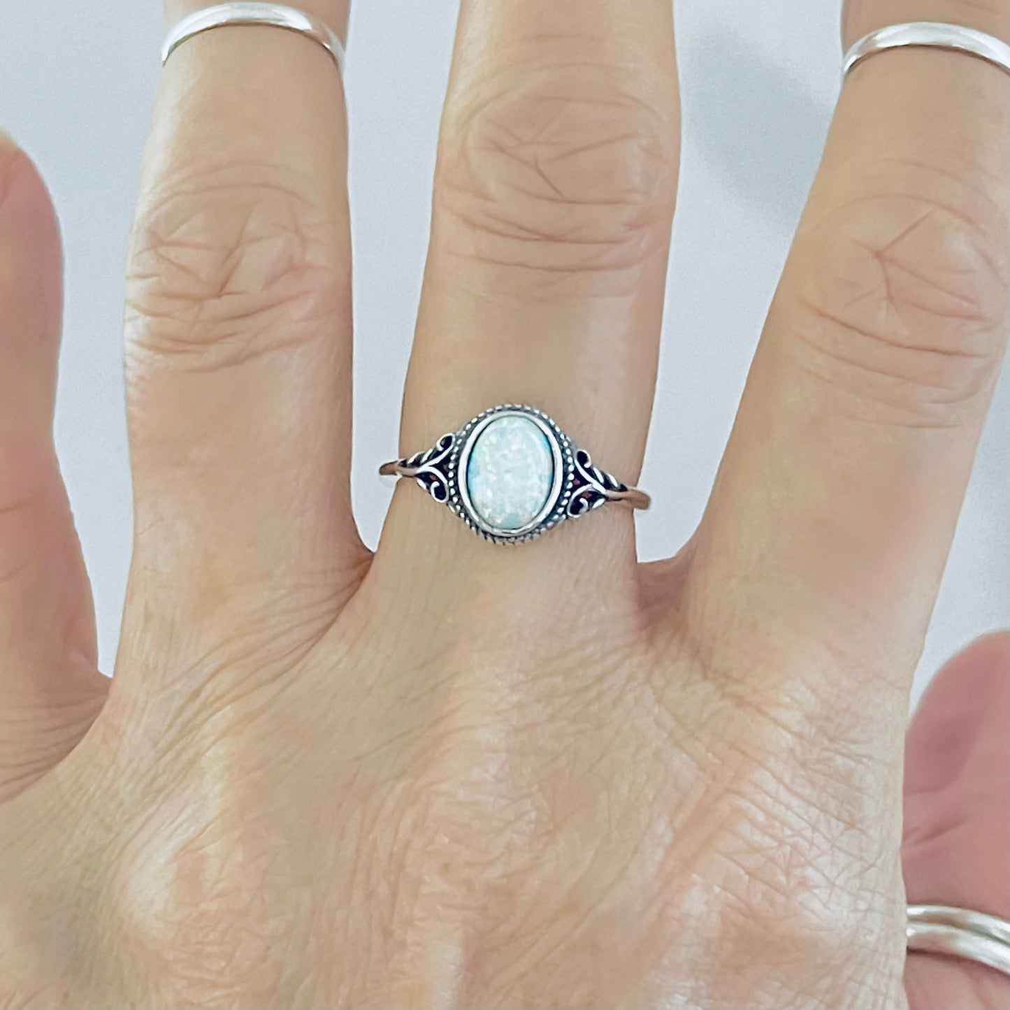 925 Sterling Silver White Lab Opal Swirl Ring | October Birthstone Silver Rings