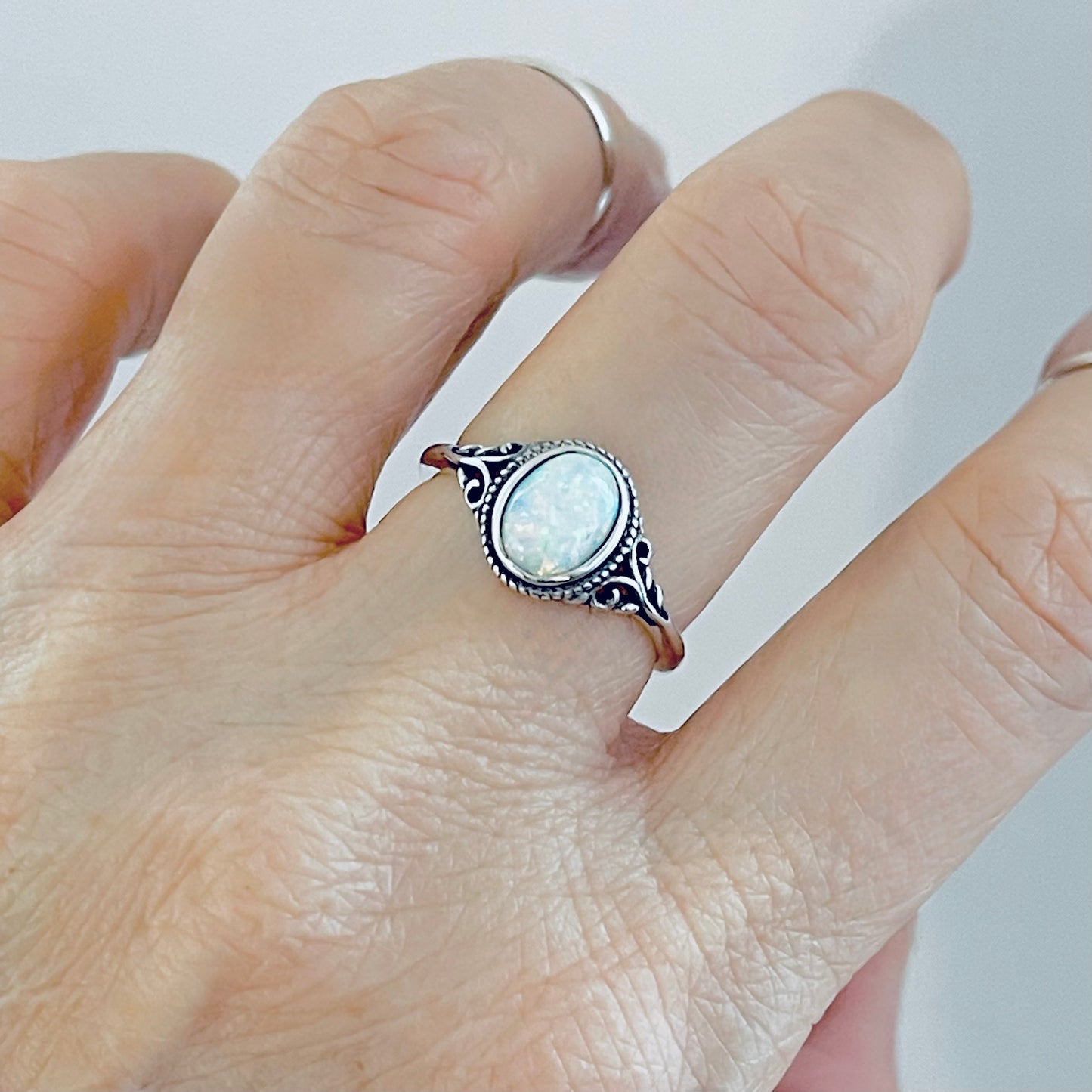 925 Sterling Silver White Lab Opal Swirl Ring | October Birthstone Silver Rings