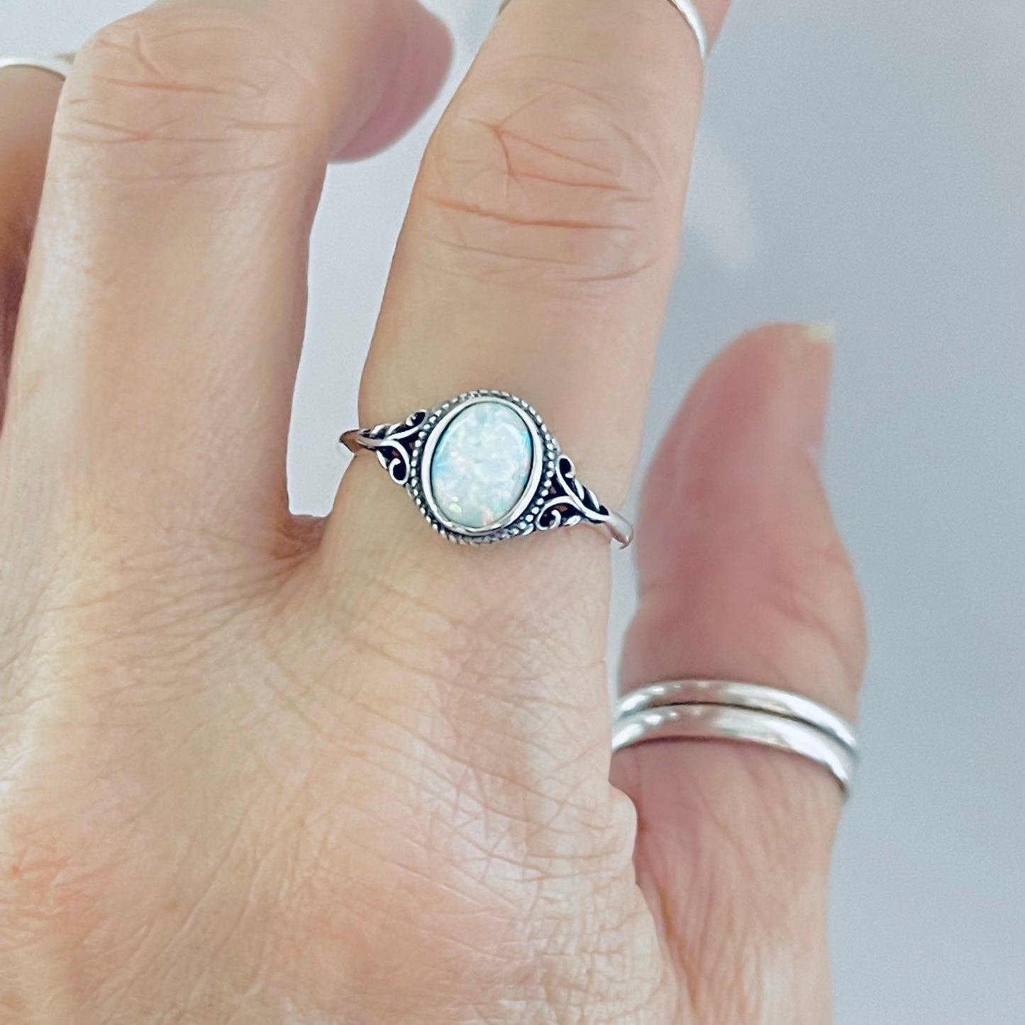 925 Sterling Silver White Lab Opal Swirl Ring | October Birthstone Silver Rings