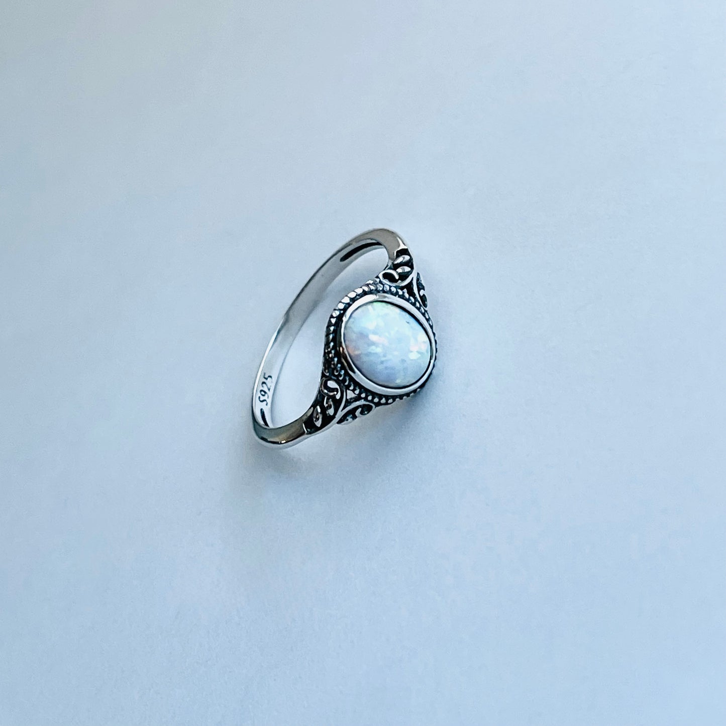 925 Sterling Silver White Lab Opal Swirl Ring | October Birthstone Silver Rings