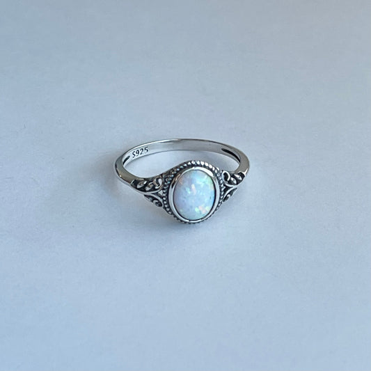 Sterling Silver Solitaire White Lab Opal Ring with Swirly, Engagement Silver Rings