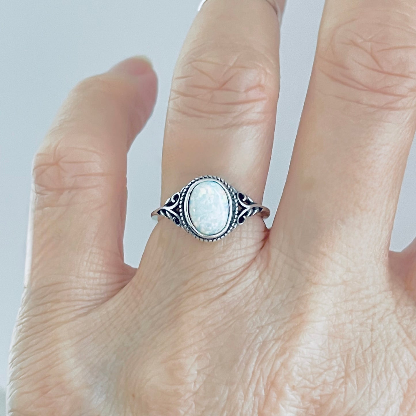 925 Sterling Silver White Lab Opal Swirl Ring | October Birthstone Silver Rings